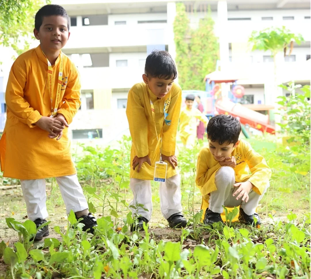 Early years students exploring an organic garden activity at Manaskriti School Faridabad