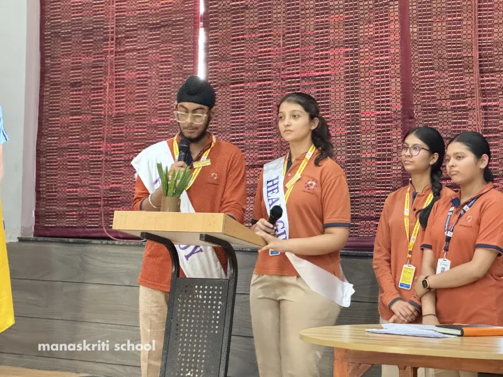Student council members demonstrating leadership at Manaskriti School Faridabad
