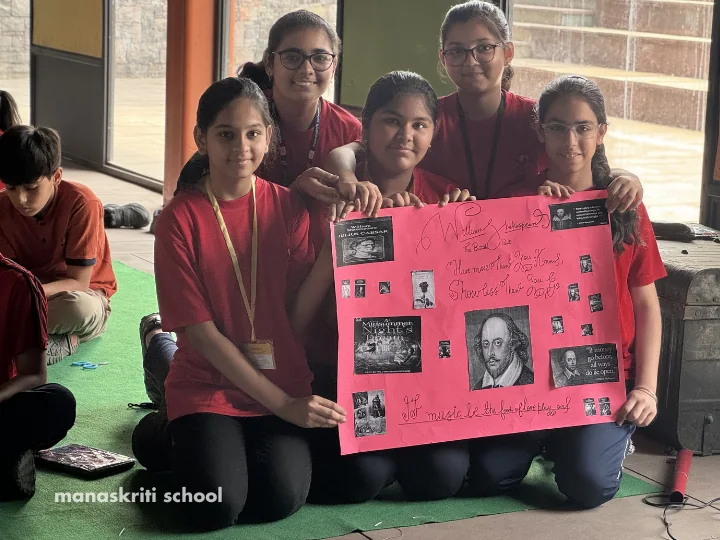 Students presenting a Shakespeare project in the Aakar middle school programme at Manaskriti School Faridabad