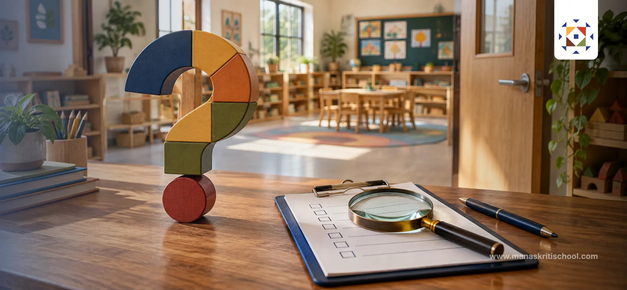 Wooden question mark, magnifying glass and parent checklist in an empty classroom