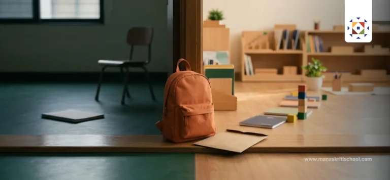 An orange school backpack placed between an old classroom and a welcoming new classroom