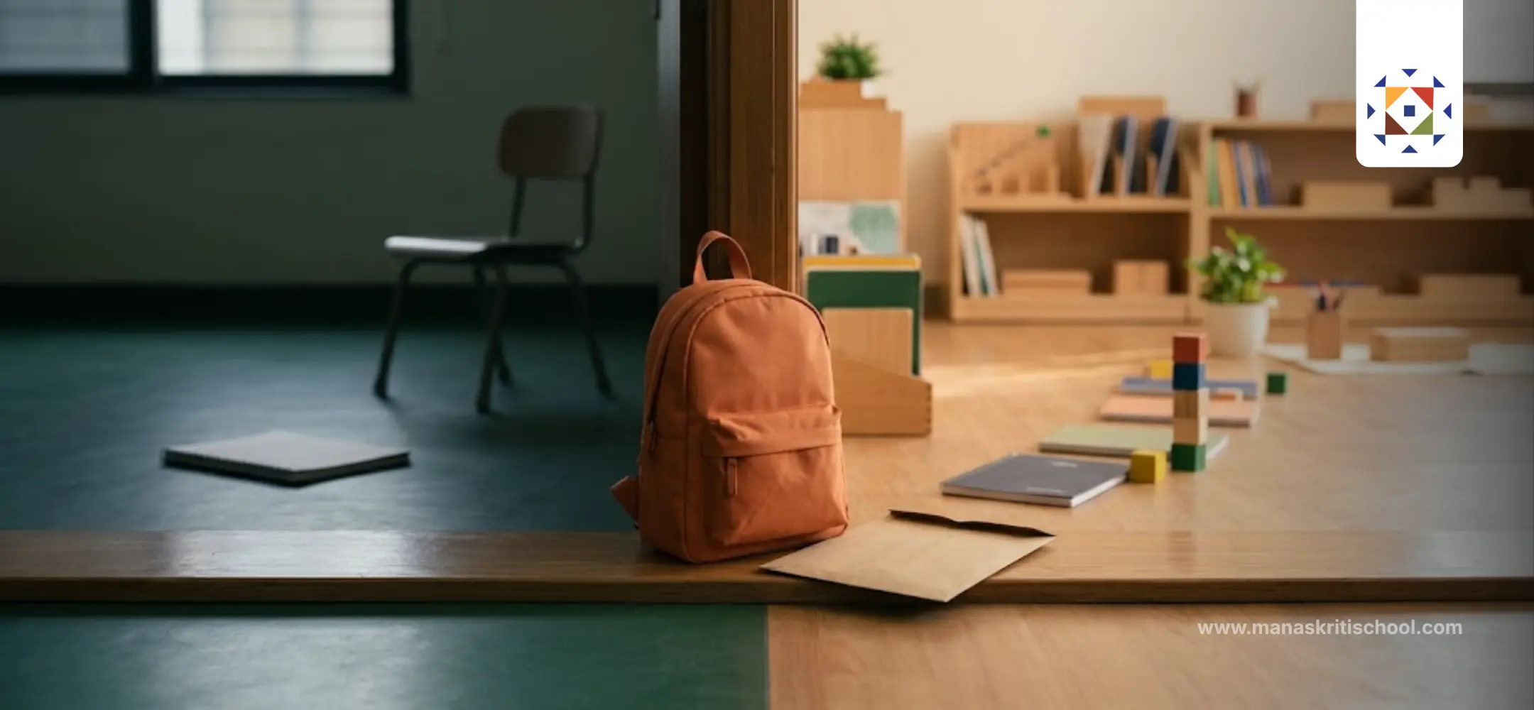 An orange school backpack placed between an old classroom and a welcoming new classroom