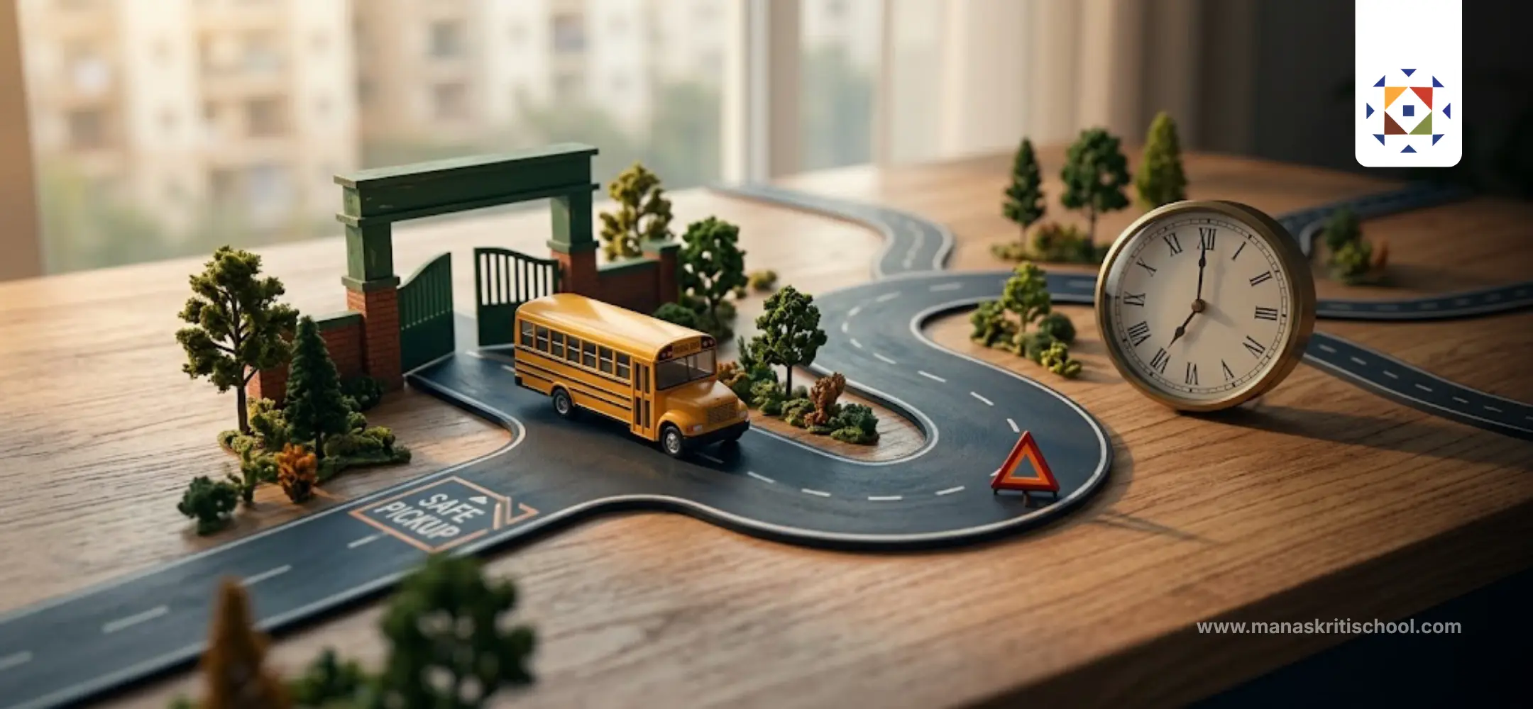 Miniature school bus travelling along a mapped route with a clock and safety markers