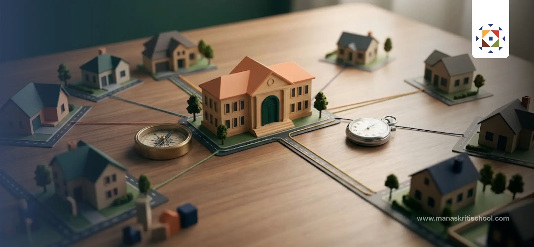 A miniature neighbourhood map showing routes from homes to a school in Sector 82
