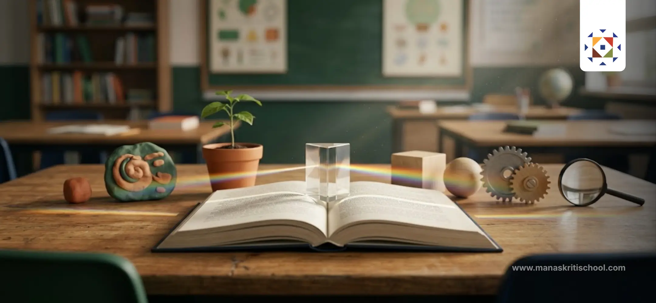 Sunlight passing through a prism from an open book onto hands-on learning objects